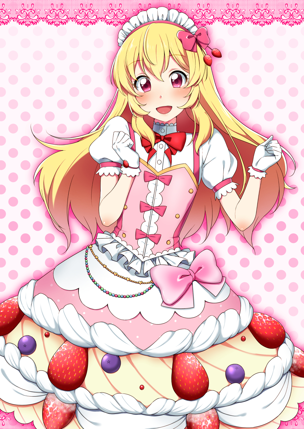 1girl :d aikatsu! aikatsu!_(series) alternate_costume blonde_hair blueberry blush bow bowtie commentary_request dress dress_bow enmaided eyebrows_visible_through_hair food frilled_dress frills fruit gloves hair_bow highres hinnu@ao hoshimiya_ichigo long_hair maid maid_headdress open_mouth pink_background polka_dot polka_dot_background puffy_short_sleeves puffy_sleeves red_eyes short_sleeves smile strawberry upper_body whipped_cream white_gloves