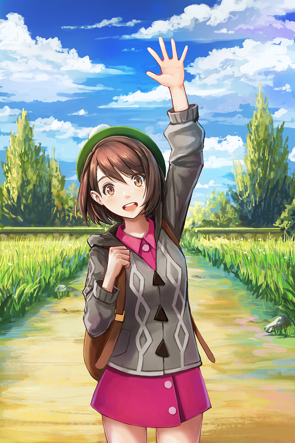 1girl :d arms_up backpack bag bangs blush brown_eyes brown_hair clouds cloudy_sky collared_shirt commentary cowboy_shot creatures_(company) day english_commentary eyebrows_visible_through_hair female_protagonist_(pokemon_swsh) game_freak grass green_hat grey_cardigan hat highres hood hood_down hooded_cardigan long_sleeves looking_at_viewer miniskirt nintendo open_mouth outdoors path pink_shirt pink_skirt pokemon pokemon_(game) pokemon_swsh redpoke road round_teeth shirt short_hair skirt sky smile solo spread_fingers swept_bangs tareme teeth tree upper_teeth waving
