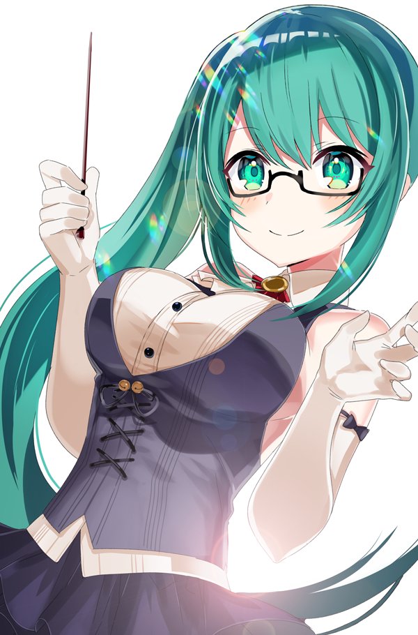 .live 1girl ascot backlighting bare_shoulders black-framed_eyewear black_vest blue_skirt blush breasts brooch buttons closed_mouth collared_shirt elbow_gloves glasses gloves green_eyes green_hair hands_up holding holding_stick jewelry kagura_suzu_(.live) large_breasts light long_hair looking_at_viewer motsunuki semi-rimless_eyewear shirt side_ponytail sidelocks skirt sleeveless sleeveless_shirt smile solo stick under-rim_eyewear upper_body very_long_hair vest virtual_youtuber white_gloves white_shirt