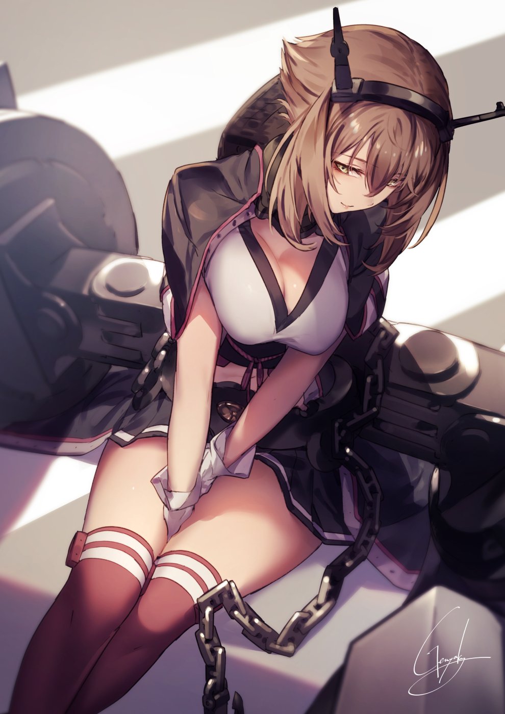 1girl bangs bare_shoulders between_legs black_capelet black_jacket black_skirt blush breasts brown_hair capelet chains cleavage closed_mouth collar flipped_hair gloves green_eyes hair_between_eyes hairband hand_between_legs headgear highres jacket jacket_on_shoulders kantai_collection kyouya_(mukuro238) large_breasts looking_at_viewer metal_belt metal_collar midriff mutsu_(kantai_collection) navel pleated_skirt radio_antenna red_legwear remodel_(kantai_collection) rigging shadow shiny shiny_hair short_hair signature sitting skirt smile solo striped striped_legwear striped_skirt thigh-highs thighs turret white_gloves