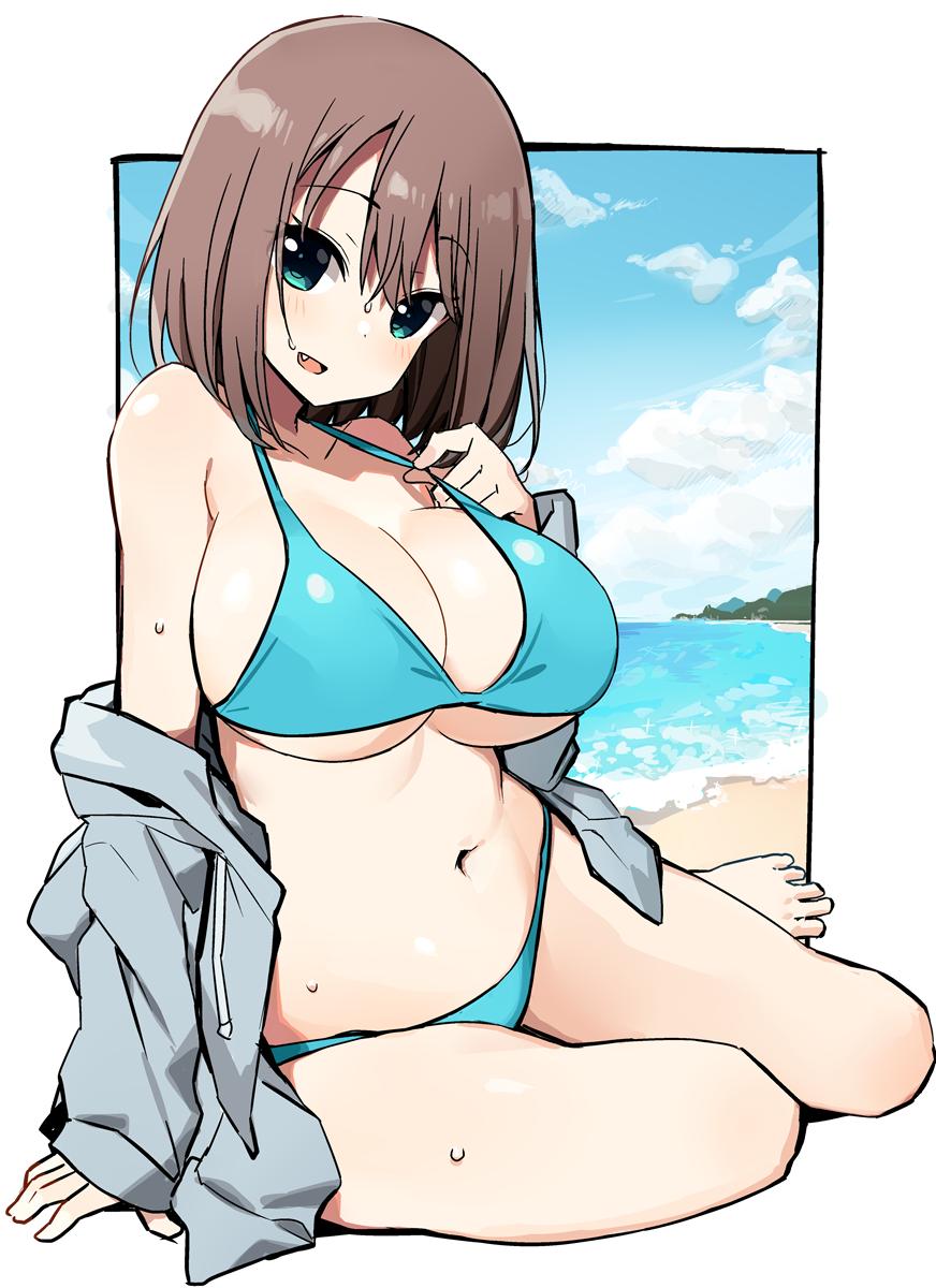 1girl barefoot beach bikini blue_bikini breasts brown_hair cleavage collarbone drawstring fang full_body green_eyes grey_jacket hair_ornament hairclip highres hood hooded_jacket hoodie jacket large_breasts looking_at_viewer navel open_mouth saki saki_achiga-hen shisoneri short_hair sitting solo swimsuit tsuruta_himeko yokozuwari