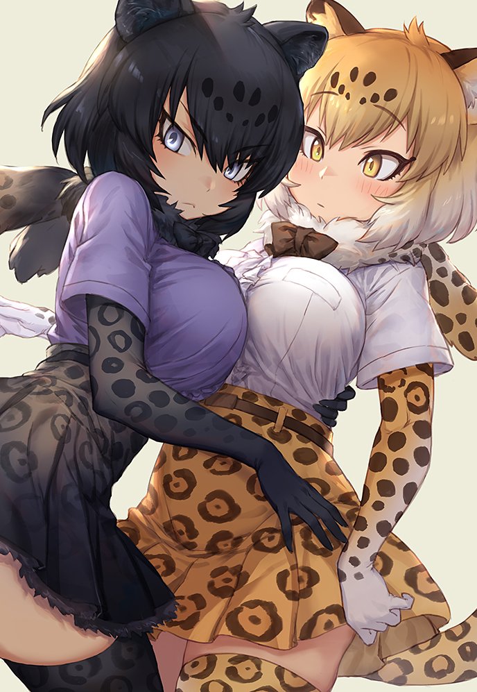 2girls animal_ears bangs belt black_hair black_jaguar_(kemono_friends) black_legwear black_neckwear black_skirt blonde_hair blush bow bowtie breasts center_frills cross_eyed elbow_gloves eyebrows_visible_through_hair frown fur_collar gloves gradient_hair grey_eyes guchico hair_between_eyes hand_on_another's_waist high-waist_skirt jaguar_(kemono_friends) jaguar_ears jaguar_print kemono_friends large_breasts looking_at_viewer multicolored_hair multiple_girls print_gloves print_legwear print_neckwear print_skirt purple_shirt shirt short_hair short_sleeves simple_background skirt thigh-highs white_hair white_shirt yellow_eyes yellow_legwear yellow_skirt