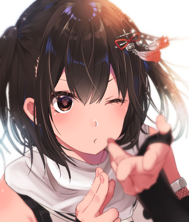 1girl blurry brown_eyes brown_hair depth_of_field hair_between_eyes hair_ornament heart heart-shaped_pupils kantai_collection looking_at_viewer remodel_(kantai_collection) rinto_(rint_rnt) sendai_(kantai_collection) short_hair simple_background solo symbol-shaped_pupils two_side_up upper_body white_background