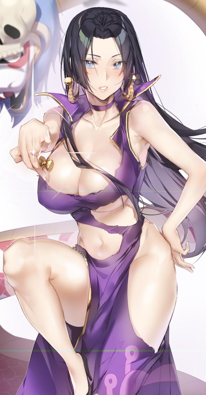 1girl asymmetrical_underboob bare_shoulders black_hair blue_eyes boa_hancock breasts choker cleavage commentary dress earrings hand_on_hip highres jewelry large_breasts leg_up long_hair looking_at_viewer midriff myo_ne navel one_piece parted_lips purple_dress snake snake_earrings thighs torn_clothes torn_dress under_boob