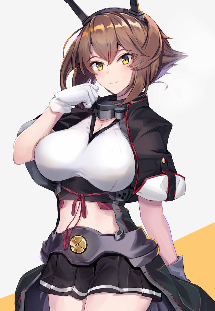 1girl bangs black_capelet black_jacket black_skirt blush breasts brown_hair capelet cleavage closed_mouth collar commentary_request eyebrows_visible_through_hair flipped_hair gloves hair_between_eyes headgear highres jacket kantai_collection large_breasts looking_at_viewer metal_belt metal_collar midriff miniskirt mutsu_(kantai_collection) navel ninoude_(ninoude44) pleated_skirt red_legwear remodel_(kantai_collection) short_hair simple_background skindentation skirt smile solo striped striped_skirt upper_body white_background white_gloves yellow_eyes