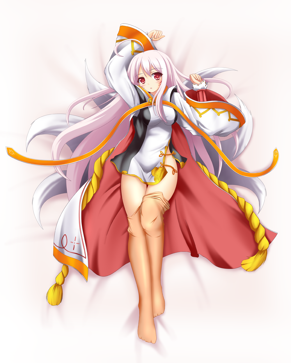 1girl ahoge ara_han ara_han_(celestial_fox) bangs bed_sheet blush brown_legwear cat_and_rabbit cloak commentary_request dress elsword eun_(elsword) eyebrows_visible_through_hair facial_mark fox_tail full_body highres long_hair long_sleeves lying multiple_tails no_panties on_back pantyhose pantyhose_pull parted_lips pink_hair red_eyes robe sakra_devanam_(elsword) sheer_legwear solo tail thigh-highs very_long_hair wide_sleeves