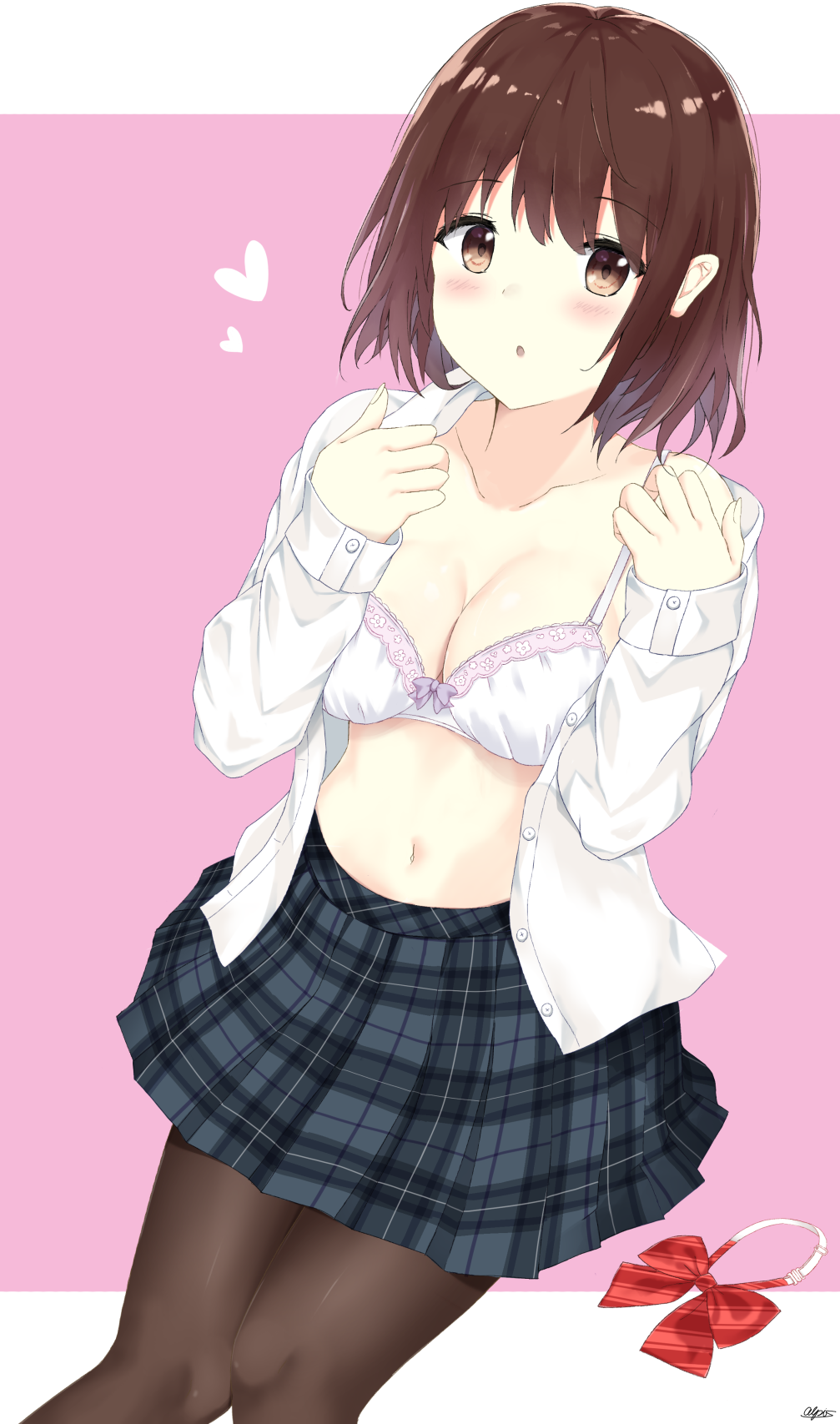 1girl 7_calpis_7 :o bangs blue_skirt blush bow bow_bra bowtie bra breasts brown_background brown_eyes brown_hair cleavage collarbone commentary_request diagonal-striped_neckwear diagonal_stripes dress_shirt eyebrows_visible_through_hair fingernails hair_between_eyes heart highres long_sleeves medium_breasts navel open_clothes open_shirt original parted_lips pink_background plaid plaid_skirt pleated_skirt red_neckwear shirt signature simple_background skirt sleeves_past_wrists solo striped striped_neckwear two-tone_background underwear white_background white_bra white_shirt