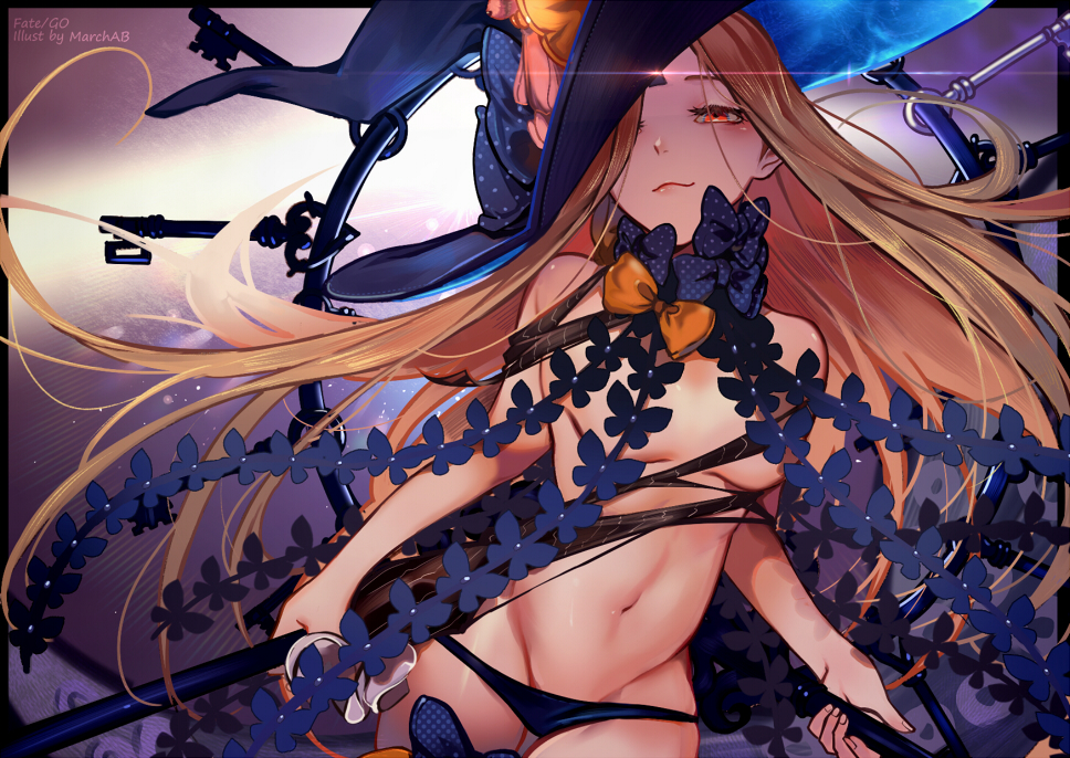 1girl abigail_williams_(fate/grand_order) bare_shoulders blonde_hair breasts commentary cowboy_shot fate/grand_order fate_(series) hair_over_one_eye hat holding_key key keyhole long_hair lowleg lowleg_panties marchab_66 panties red_eyes revealing_clothes ribbon small_breasts smirk solo underwear very_long_hair witch_hat
