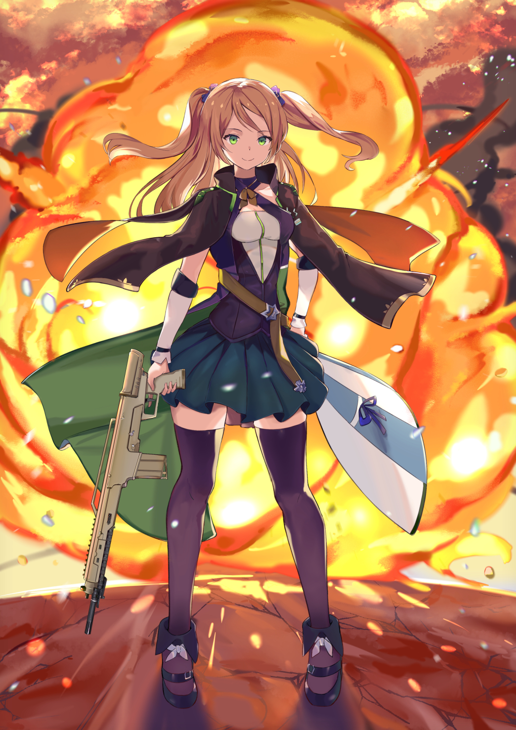 1girl arm_warmers assault_rifle belt black_cape black_footwear black_legwear blue_coat blue_vest breasts brown_hair cape closed_mouth explosion floating_hair full_body green_eyes green_skirt gun gun_request hair_ornament halterneck highres holding holding_gun holding_weapon legs_apart long_hair looking_at_viewer medium_breasts miniskirt mosta_(lo1777789) original pleated_skirt rifle shadow shirt shoes skirt smile solo standing thigh-highs trigger_discipline two_side_up vest weapon white_shirt zettai_ryouiki