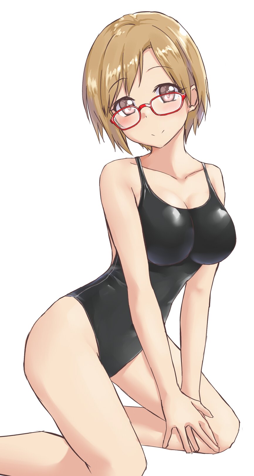 1girl aiba_yumi aimobake bangs bare_arms bare_legs bare_shoulders black_swimsuit blush breasts brown_eyes brown_hair cleavage closed_mouth collarbone commentary_request feet_out_of_frame glasses head_tilt highres idolmaster idolmaster_cinderella_girls kneeling large_breasts looking_at_viewer looking_over_eyewear one-piece_swimsuit parted_bangs red-framed_eyewear short_hair sidelocks simple_background smile solo swimsuit thighs white_background