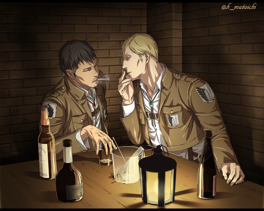 2boys black_hair blonde_hair bottle chest_belt cigarette cigarette_kiss closed_eyes collared_shirt cup dark-skinned_male dark_skin drinking_glass erwin_smith facial_hair from_side goatee holding holding_cigarette indoors jacket jewelry lamp long_sideburns male_focus mataichi_(976134) multiple_boys necklace nile_dok paradis_military_uniform shingeki_no_kyojin shirt short_hair sideburns smoke smoking stubble table upper_body wine_bottle wine_glass