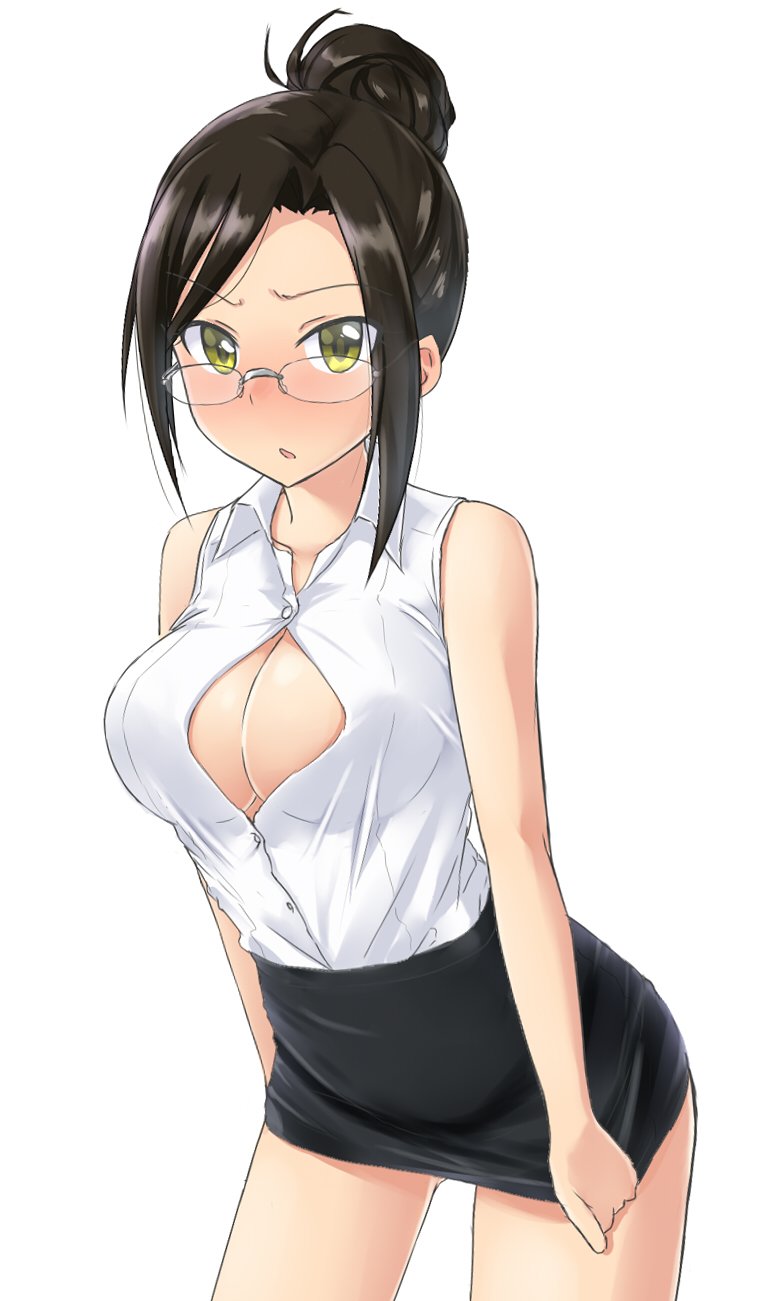 1girl aimobake bare_arms bare_shoulders black_hair black_skirt blush breasts button_gap cleavage collared_shirt commentary_request cowboy_shot frown furrowed_eyebrows glasses green_eyes hair_bun highres idolmaster idolmaster_cinderella_girls large_breasts long_hair looking_at_viewer looking_over_eyewear miniskirt mukai_takumi parted_lips pencil_skirt rimless_eyewear shirt shirt_tucked_in sidelocks simple_background skirt skirt_pull sleeveless sleeveless_shirt solo standing thighs white_background white_shirt