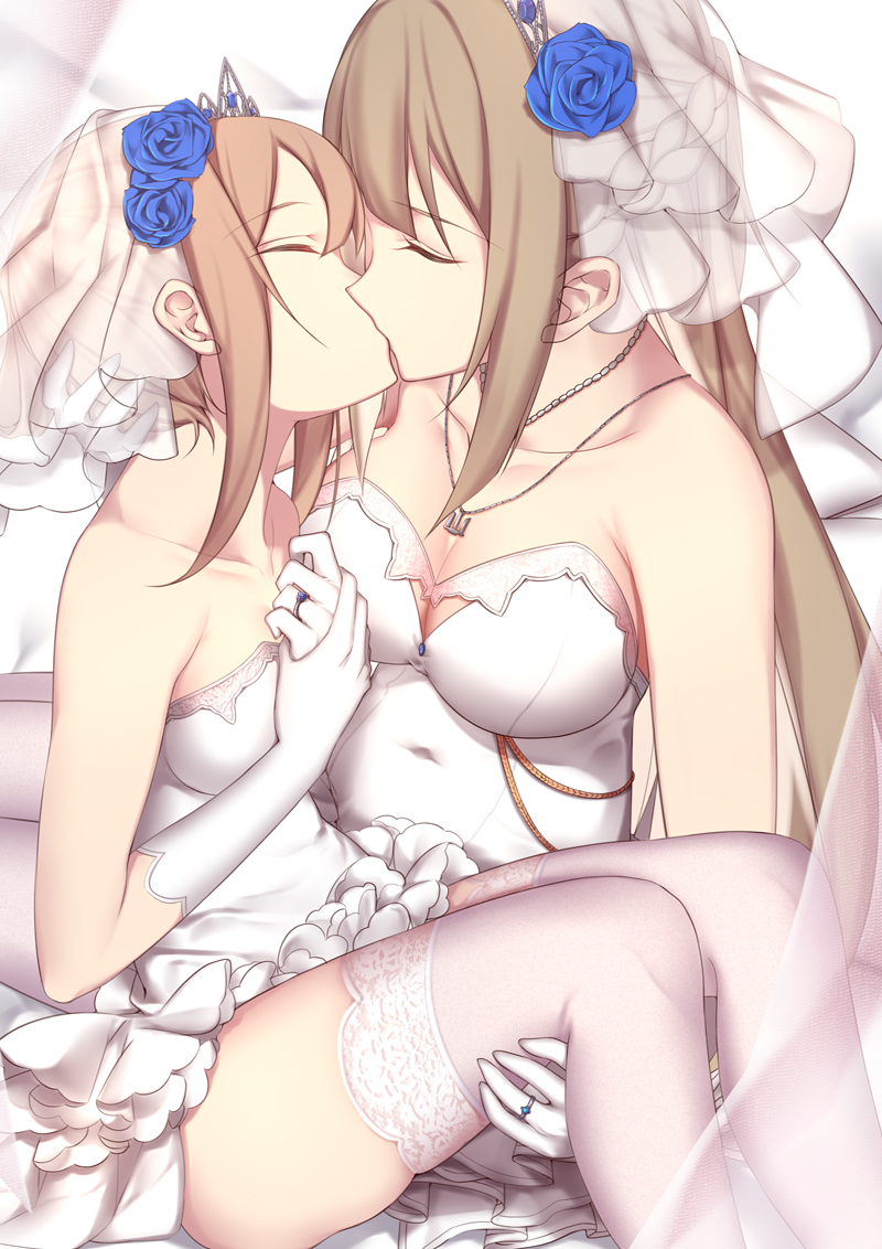 2girls blonde_hair breasts bridal_veil bride carrying cleavage closed_eyes dress elbow_gloves gloves hand_holding jewelry kiss lace lace-trimmed_legwear large_breasts lexington_(warship_girls_r) long_hair medium_breasts multiple_girls necklace phelps_(warship_girls_r) princess_carry ring strapless strapless_dress thigh-highs veil warship_girls_r wedding_dress wedding_ring white_dress white_gloves wife_and_wife yuri zhixiang_zhi