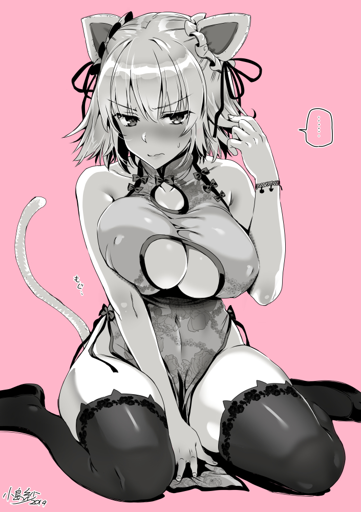 1girl animal_ears bare_shoulders black_legwear blush breasts cat_ears cat_tail china_dress chinese_clothes cleavage cleavage_cutout commentary_request dress erect_nipples fake_animal_ears fate/grand_order fate_(series) hair_ribbon jeanne_d'arc_(alter)_(fate) jeanne_d'arc_(fate)_(all) kojima_saya large_breasts monochrome no_panties pelvic_curtain ribbon seiza short_hair sitting tail thigh-highs