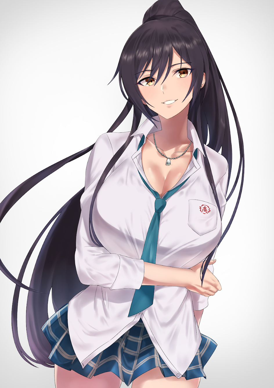 bangs black_hair breasts cleavage dog_tags dress_shirt fujitsubo_(hujitubo0731) green_neckwear hair_between_eyes high_ponytail highres idolmaster idolmaster_shiny_colors large_breasts necktie pleated_skirt ponytail school_uniform shirase_sakuya shirt skirt yellow_eyes