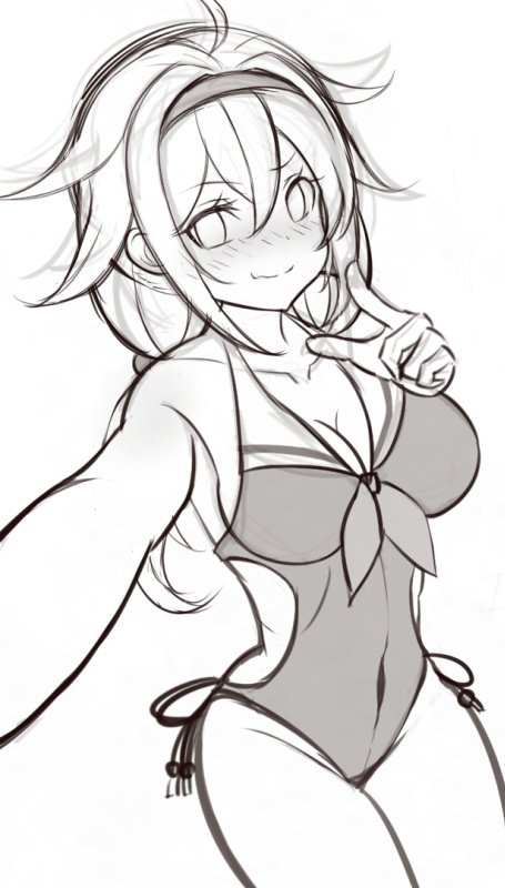 1girl adapted_costume blush breasts casual_one-piece_swimsuit cleavage collarbone commentary_request cowboy_shot hairband kantai_collection kuroten lineart long_hair looking_at_viewer low_twintails medium_breasts monochrome one-piece_swimsuit self_shot shiratsuyu_(kantai_collection) side-tie_swimsuit simple_background smile solo swimsuit twintails wavy_mouth work_in_progress
