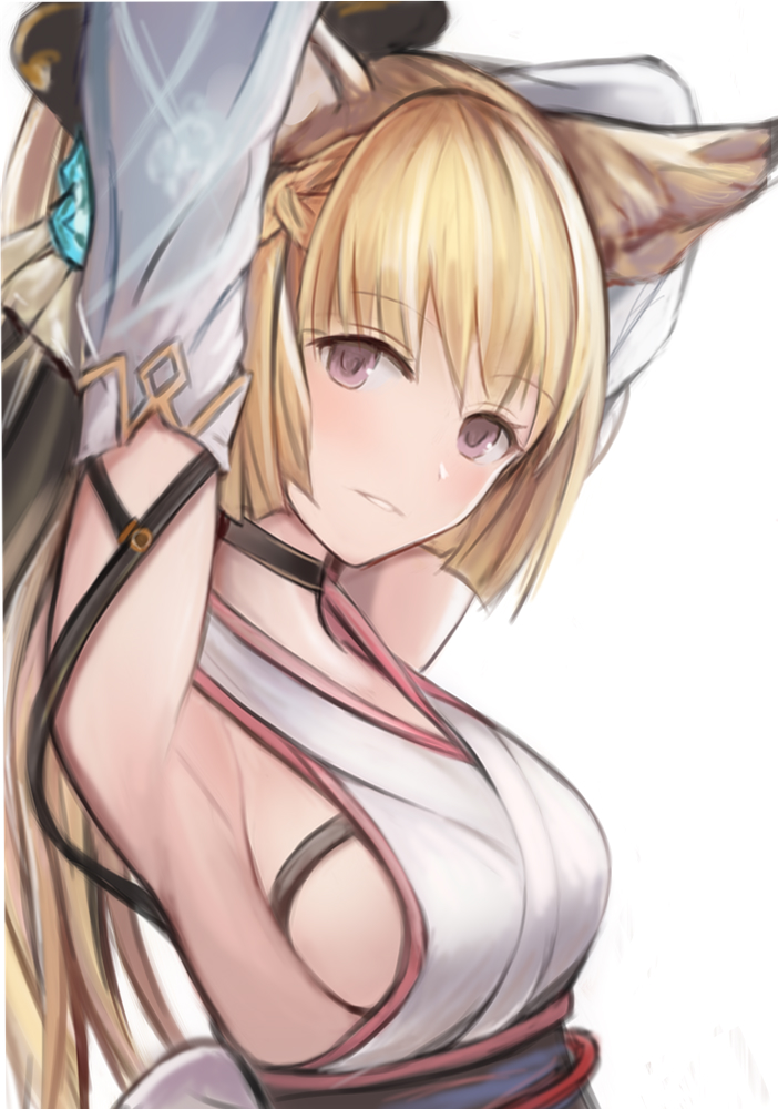 1girl animal_ears armpits arms_behind_head arms_up bare_shoulders black_choker blonde_hair blurry breasts brown_eyes choker detached_sleeves erune granblue_fantasy hair_ornament japanese_clothes long_hair long_sleeves looking_at_viewer medium_breasts nannacy7 obi sash sideboob simple_background solo upper_body white_background yuisis_(granblue_fantasy)