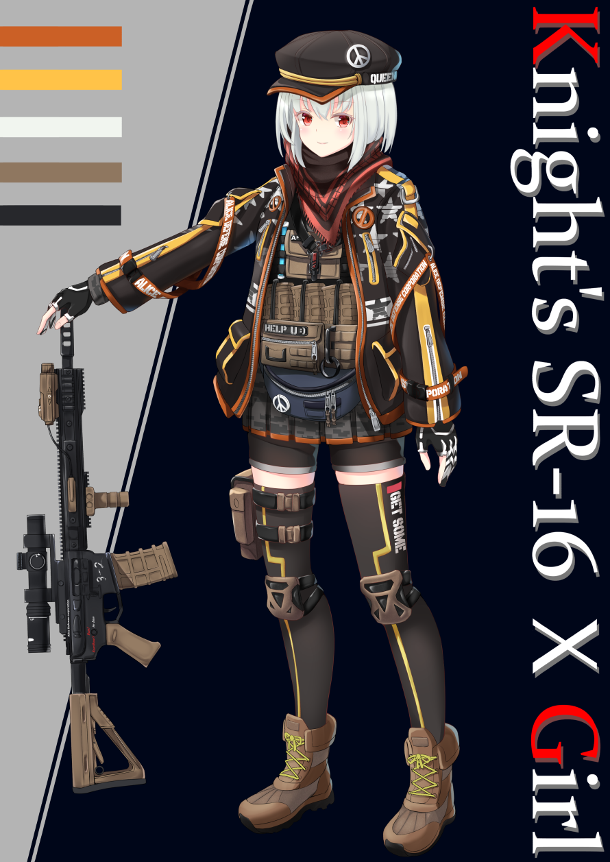 1girl ar-15 bandanna cabbie_hat commentary english_commentary fanny_pack foregrip full_body gloves gun hat highres knee_pads magazine_(weapon) original partly_fingerless_gloves peace_symbol red_eyes rifle scope short_hair short_shorts shorts solo thigh-highs weapon white_hair x_ace_k_x