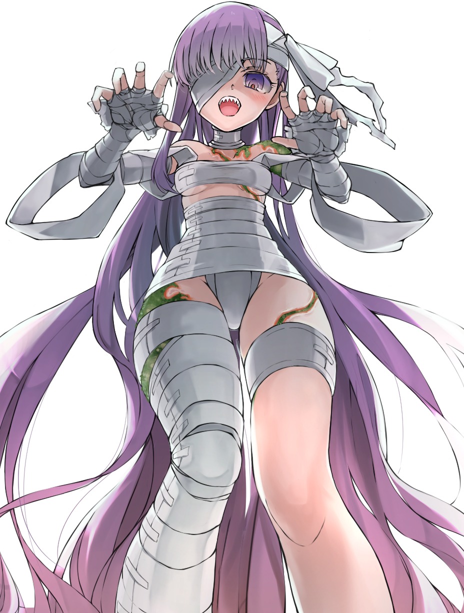 1girl bandage bandage_over_one_eye bow breasts fate/grand_order fate_(series) from_below hair_bow highres kazuya0810 kingprotea long_hair medium_breasts moss open_mouth purple_hair sharp_teeth simple_background solo teeth very_long_hair violet_eyes white_background white_bow