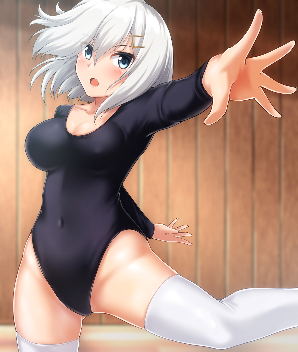 1girl ballet black_leotard blush breasts cleavage collarbone groin hair_between_eyes hair_ornament hairclip hamakaze_(kantai_collection) highleg indoors kantai_collection leotard long_sleeves looking_at_viewer medium_breasts open_mouth reaching_out short_hair silver_hair solo thigh-highs thighs upper_body white_legwear wooden_floor wooden_wall zanntetu