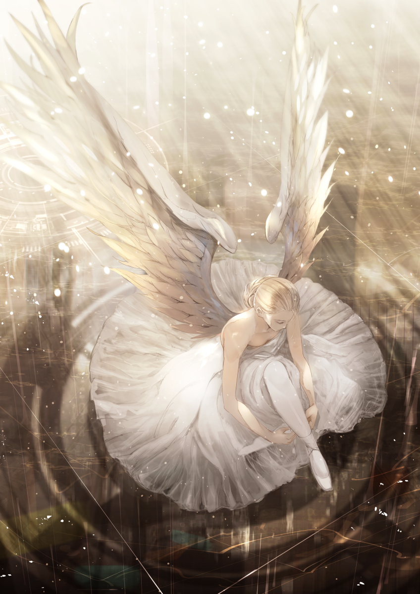 1girl angel angel_wings blonde_hair closed_eyes dress glowing highres looking_down original reflection ripples ryouku see-through shoes sitting solo sparkle thigh-highs tied_hair tight tying tying_shoes water white_dress white_footwear white_legwear white_wings wings