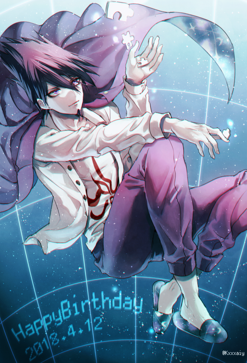 1boy 2018 beard dangan_ronpa dated dress_shirt facial_hair hair_between_eyes happy_birthday long_hair male_focus momota_kaito new_dangan_ronpa_v3 open_clothes open_shirt pants print_shirt purple_hair purple_pants puzzle_piece sakuyu shirt slippers smile solo spiky_hair violet_eyes white_shirt