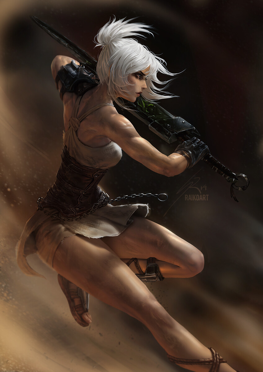 1girl bare_shoulders blurry blurry_background brown_eyes chains closed_mouth corset dirty dirty_clothes dirty_face fighting_stance folded_ponytail gloves highres holding holding_sword holding_weapon league_of_legends leather_footwear lips profile raikoart riven_(league_of_legends) short_hair shoulder_armor signature solo sword watermark weapon white_hair