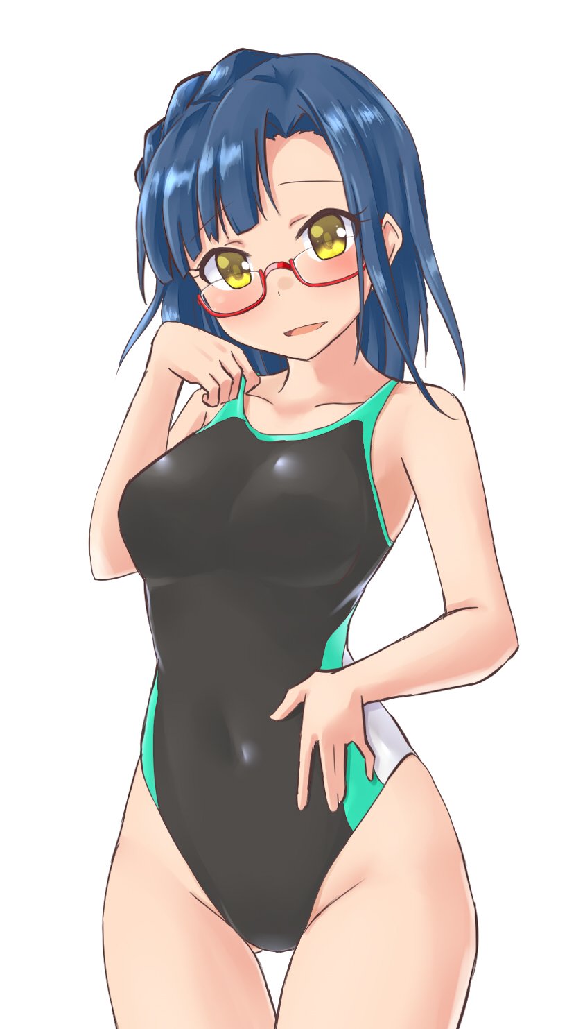 1girl aimobake bare_arms bare_shoulders black_swimsuit blue_hair blush braid breasts collarbone commentary_request competition_swimsuit covered_navel glasses gluteal_fold groin hand_up head_tilt highres idolmaster idolmaster_million_live! long_hair looking_at_viewer looking_over_eyewear medium_breasts nanao_yuriko one-piece_swimsuit parted_lips red-framed_eyewear semi-rimless_eyewear sidelocks simple_background smile solo standing swimsuit thigh_gap thighs under-rim_eyewear white_background yellow_eyes