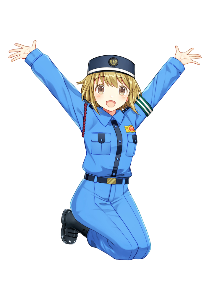 1girl :d \o/ armband arms_up bangs belt belt_buckle black_belt black_footwear blue_hat blue_pants blue_shirt blush boots breasts brown_eyes buckle collared_shirt dress_shirt eyebrows_visible_through_hair full_body hair_between_eyes hat kurata_rine light_brown_hair long_sleeves looking_at_viewer open_mouth original outstretched_arms pants shirt simple_background small_breasts smile solo uniform white_background