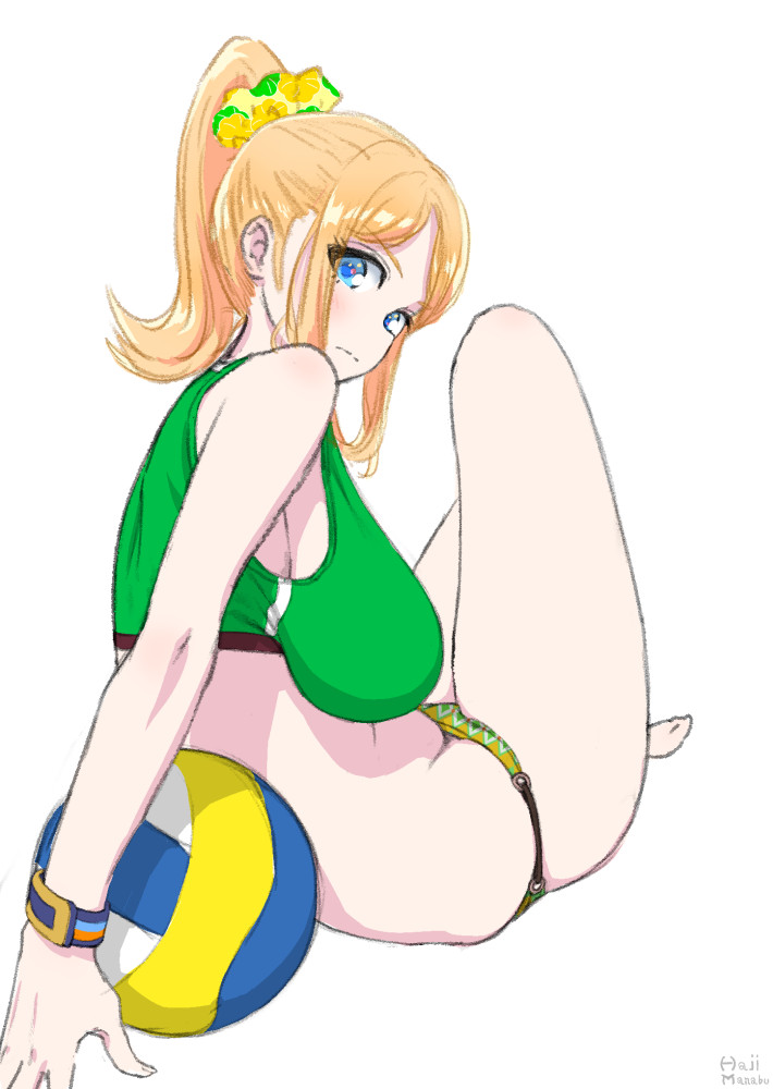 1girl bangs bare_shoulders barefoot blonde_hair blue_eyes breasts hajimanabu harukana_receive long_hair looking_at_viewer parted_bangs ponytail simple_background sitting sleeveless solo thomas_claire volleyball white_background