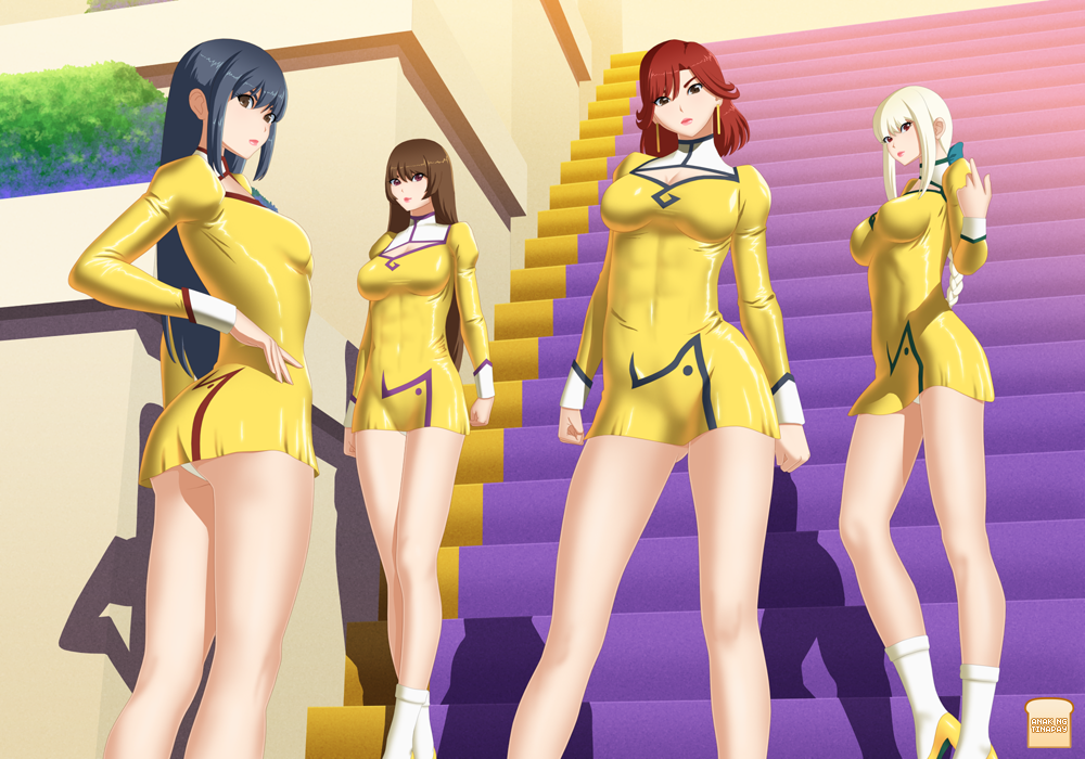 4girls agent_aika aika_(series) anak-ng-tinapay artist_logo artist_name bangs bianca_(agent_aika) black_eyes blue_hair bobby_socks breasts brown_eyes brown_hair cleavage cleavage_cutout closed_mouth commentary_request covered_navel delmogeny_uniform dress earrings expressionless golden_delmo hair_intakes hand_on_hip high_heels indoors jewelry juliet_sleeves large_breasts lipstick long_hair long_sleeves looking_at_viewer makeup medium_breasts multiple_girls panties pantyshot pantyshot_(standing) parted_bangs petoriyacowa_rie pink_lips puffy_sleeves redhead sania_(agent_aika) short_hair silver_hair small_breasts smile socks stairs standing taut_clothes thighs tonia underwear uniform white_legwear white_panties yellow_dress yellow_footwear