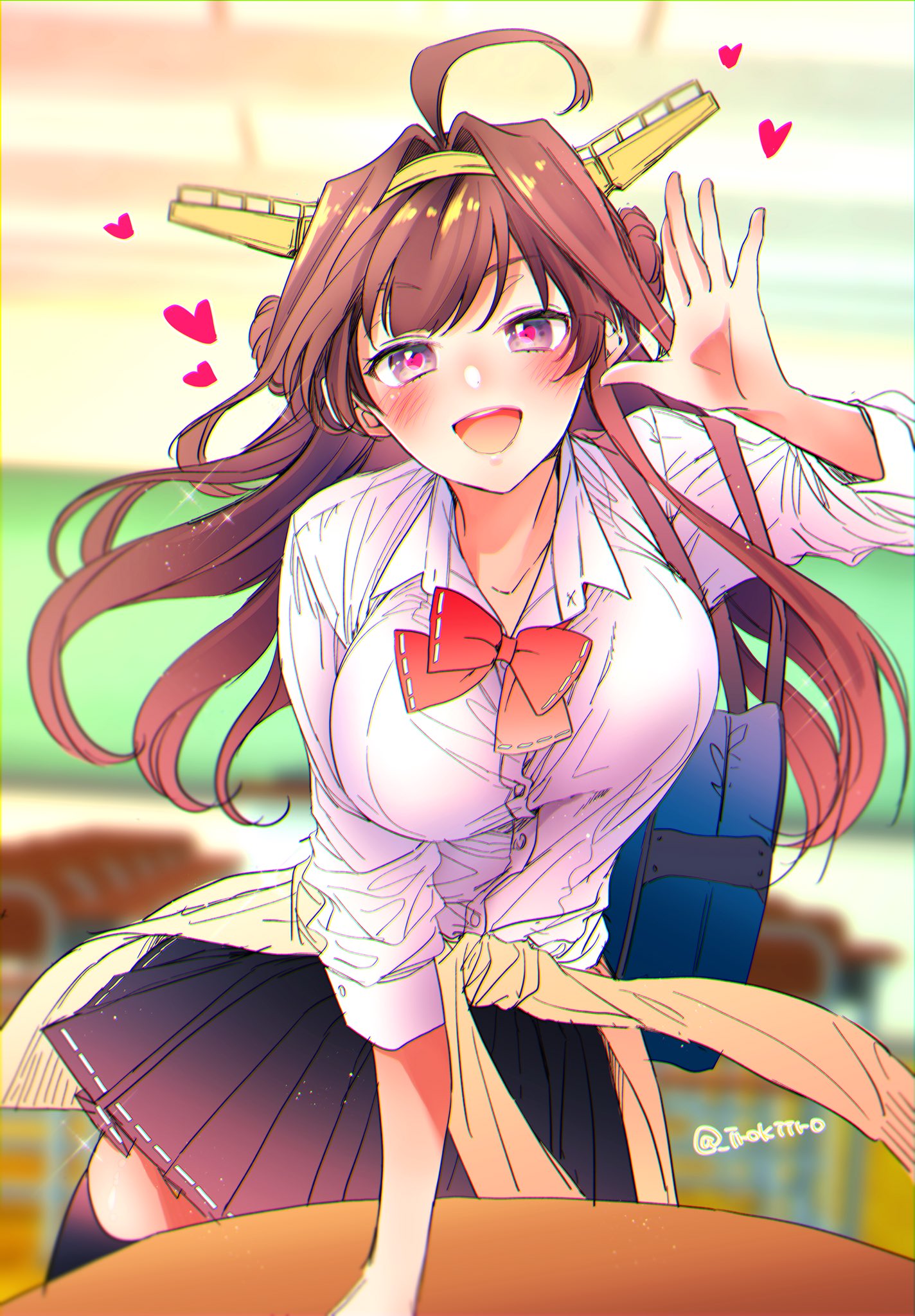 1girl :d ahoge alternate_costume bag beige_cardigan black_legwear black_skirt blush bow bowtie breasts brown_hair cardigan_around_waist classroom double_bun headgear heart heart-shaped_pupils highres indoors irokiiro kantai_collection kongou_(kantai_collection) large_breasts long_hair looking_at_viewer loose_bowtie open_mouth pleated_skirt remodel_(kantai_collection) school_bag school_uniform shirt skirt smile solo symbol-shaped_pupils thigh-highs twitter_username waving_arm white_shirt