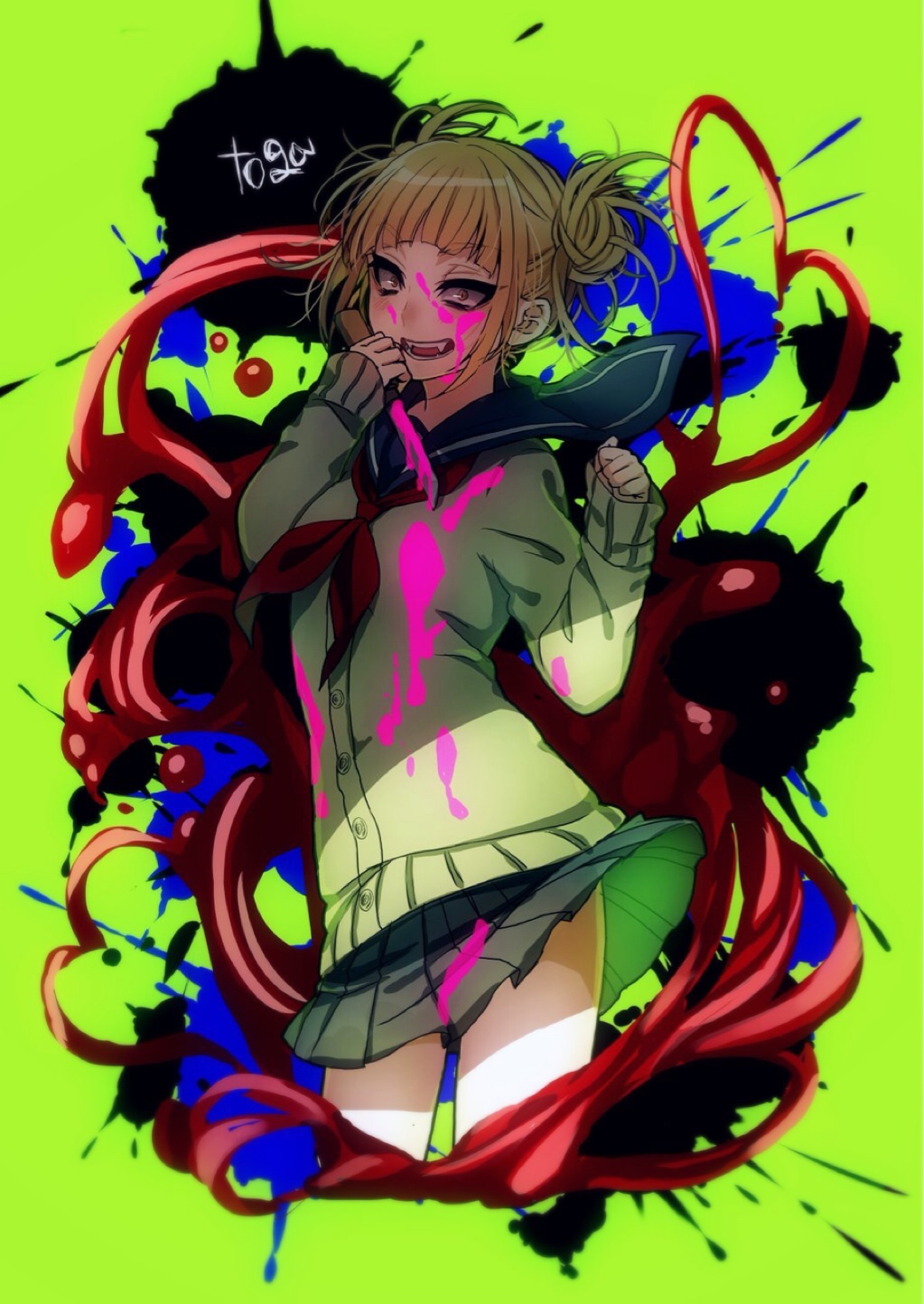 1girl :d bangs black_skirt blonde_hair blood blue_sailor_collar boku_no_hero_academia cardigan character_name cowboy_shot double_bun eyebrows_visible_through_hair fangs green_background highres holding holding_knife knife long_sleeves looking_at_viewer messy_hair miniskirt neckerchief open_mouth pleated_skirt red_neckwear sailor_collar sanpaku school_uniform serafuku short_hair skirt sleeves_past_wrists smile solo teeth toga_himiko xxhachi_coxx yellow_eyes