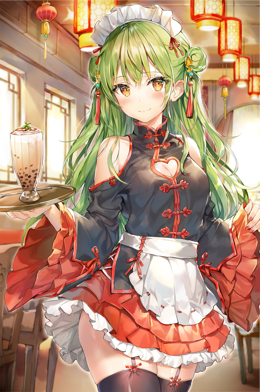 1girl apron bare_shoulders black_legwear black_shirt blurry blush breasts brown_eyes ceiling_light chair chinese_clothes cleavage cleavage_cutout closed_mouth cowboy_shot cup day depth_of_field double_bun drink drinking_glass frilled_skirt frills garter_straps green_hair heart_cutout highres holding holding_tray indoors lantern layered_skirt long_hair long_sleeves looking_at_viewer maid_apron maid_headdress medium_breasts miniskirt momoko_(momopoco) nail_polish original paper_lantern pleated_sleeves red_nails red_skirt shirt shoulder_cutout sidelocks skirt smile solo standing tassel thigh-highs tray white_apron wide_sleeves window zettai_ryouiki