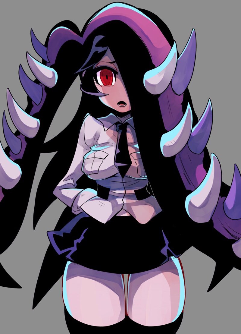 1girl arms_behind_back black_hair black_legwear cowboy_shot extra_mouth fang fangs filia_(skullgirls) frown hair_between_eyes hair_over_one_eye living_hair long_hair looking_at_viewer mako_gai necktie open_mouth plump prehensile_hair red_eyes samson_(skullgirls) school_uniform sharp_teeth simple_background skullgirls solo standing teeth thick_thighs thigh-highs thighs