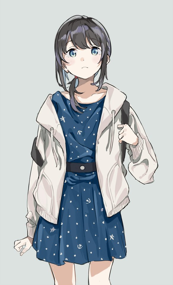 1girl alternate_costume anchor_symbol backpack bag belt black_hair blue_dress blue_eyes commentary_request cowboy_shot drawstring dress fubuki_(kantai_collection) grey_background hei_(tonarinohey) hood hooded_jacket hoodie jacket kantai_collection looking_at_viewer low_ponytail polka_dot polka_dot_dress ponytail short_ponytail sidelocks simple_background solo standing white_jacket
