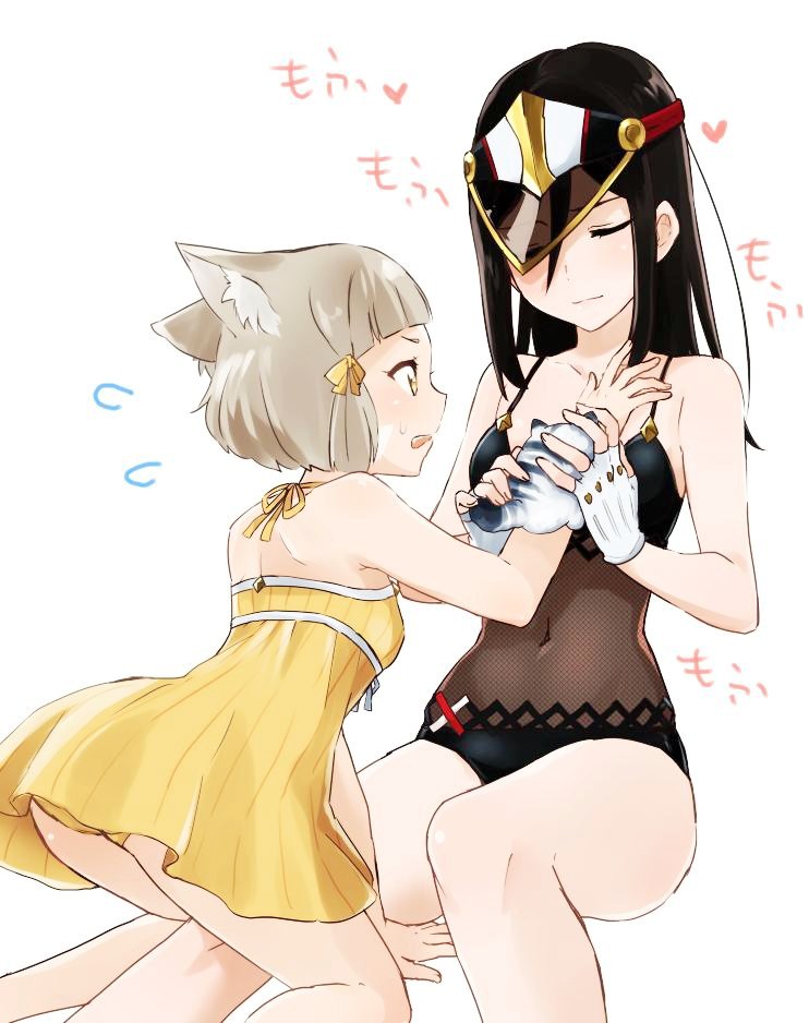 2girls animal_ears ass bangs blunt_bangs blush breasts cat_ears closed_eyes collarbone dress gloves hat long_hair madanai_(morisumeshi) meleph_(xenoblade) military military_hat multiple_girls nintendo niyah ribbon short_hair silver_hair simple_background swimsuit white_gloves xenoblade_(series) xenoblade_2 yellow_eyes yellow_ribbon