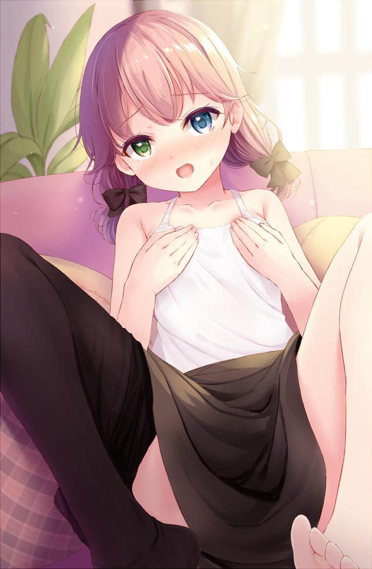 1girl bangs black_bow black_legwear black_skirt blue_eyes blush bow collarbone couch covering covering_breasts curtains day eyebrows_visible_through_hair fang feet green_eyes hair_between_eyes hair_bow hands_on_own_chest heterochromia indoors komone_ushio looking_at_viewer low_twintails no_shoes open_pajamas original pantyhose pantyhose_pull pink_hair plant potted_plant shirt short_hair sitting skirt solo toes twintails white_shirt window