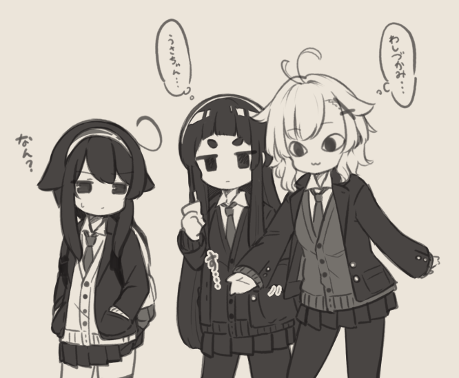 3girls :3 antenna_hair backpack bag bangs blazer brown_background cardigan closed_mouth collared_shirt commentary_request eyebrows_visible_through_hair hair_flaps hair_ornament hairband hands_in_pockets jacket kuranami_shiki long_sleeves monochrome multiple_girls natsuki_teru necktie nekomiya_ryuu open_blazer open_clothes open_jacket original outstretched_arm pantyhose pleated_skirt school_uniform sepia shikibe_ayaka shirt short_eyebrows simple_background skirt sleeves_past_wrists sweat thick_eyebrows thigh-highs translation_request v-shaped_eyebrows