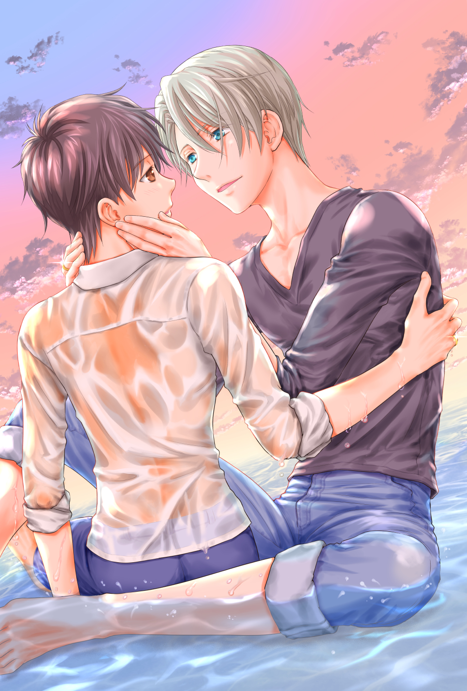 2boys black_hair blue_eyes brown_eyes clouds cloudy_sky collared_shirt denim eye_contact fujioka_(fujioka_pandora) hand_on_another's_face highres jeans katsuki_yuuri looking_at_another male_focus multiple_boys pants partially_submerged shirt silver_hair sitting sky sleeves_rolled_up smile sunset viktor_nikiforov water wet wet_clothes yaoi yuri!!!_on_ice