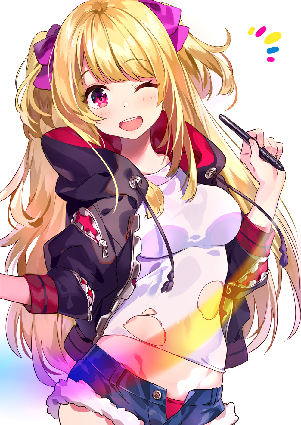 1girl ;d black_jacket blonde_hair blush breasts commentary_request cowboy_shot cutoffs denim denim_shorts drawstring hair_ribbon hand_up head_tilt highres holding holding_stylus jacket komeo15 long_hair looking_at_viewer medium_breasts micro_shorts midriff one_eye_closed open_clothes open_fly open_jacket open_mouth original panties pink_eyes purple_ribbon red_panties ribbon shirt shorts smile solo standing stylus torn_clothes torn_shirt two_side_up underwear very_long_hair white_background white_shirt zipper zipper_pull_tab