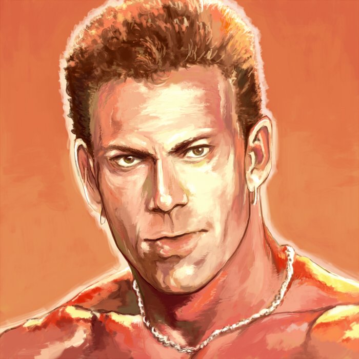 1boy bare_chest brown_hair closed_mouth cropped_torso danny_lee earrings gachimuchi jewelry looking_at_viewer male_focus matsutani muscle necklace orange_background outline portrait realistic serious shadow short_hair simple_background solo white_outline