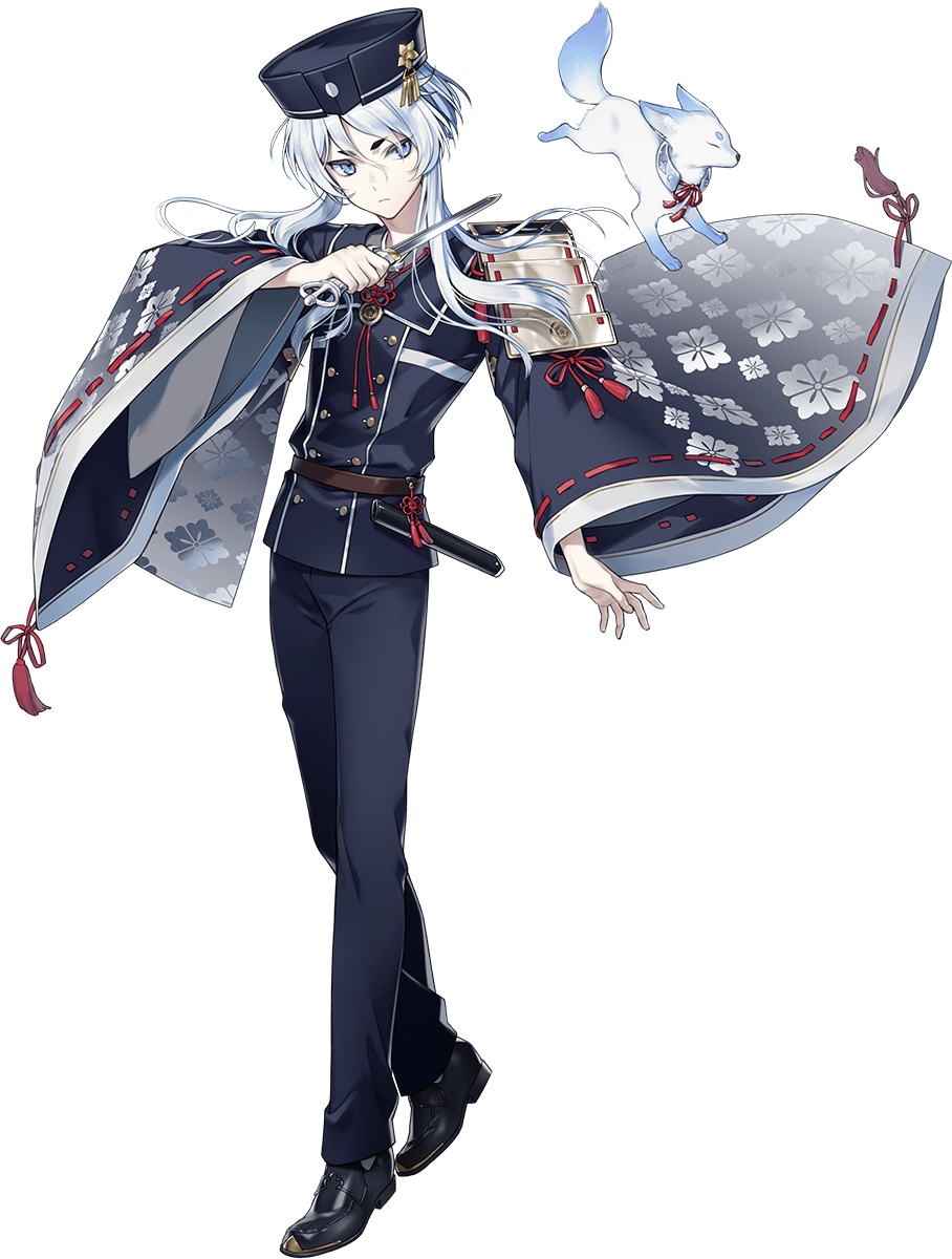 1boy armor belt blue_eyes fox full_body hakusan_yoshimitsu hakusan_yoshimitsu's_fox hat highres japanese_armor male_focus military military_uniform nekokan_masshigura official_art sheath short_hair_with_long_locks shoulder_armor sode touken_ranbu transparent_background uniform weapon white_hair wide_sleeves