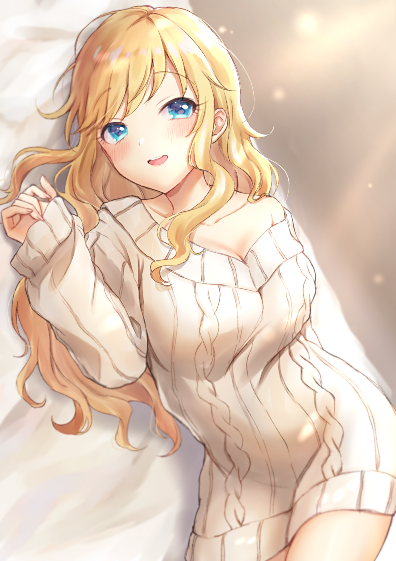 1girl anoa bangs blonde_hair blue_eyes blush breasts cleavage collarbone commentary_request cowboy_shot dress eyebrows_visible_through_hair hair_between_eyes idolmaster idolmaster_cinderella_girls idolmaster_cinderella_girls_starlight_stage large_breasts long_hair looking_at_viewer lying on_back on_bed ootsuki_yui open_mouth smile solo sweater sweater_dress swept_bangs wavy_hair
