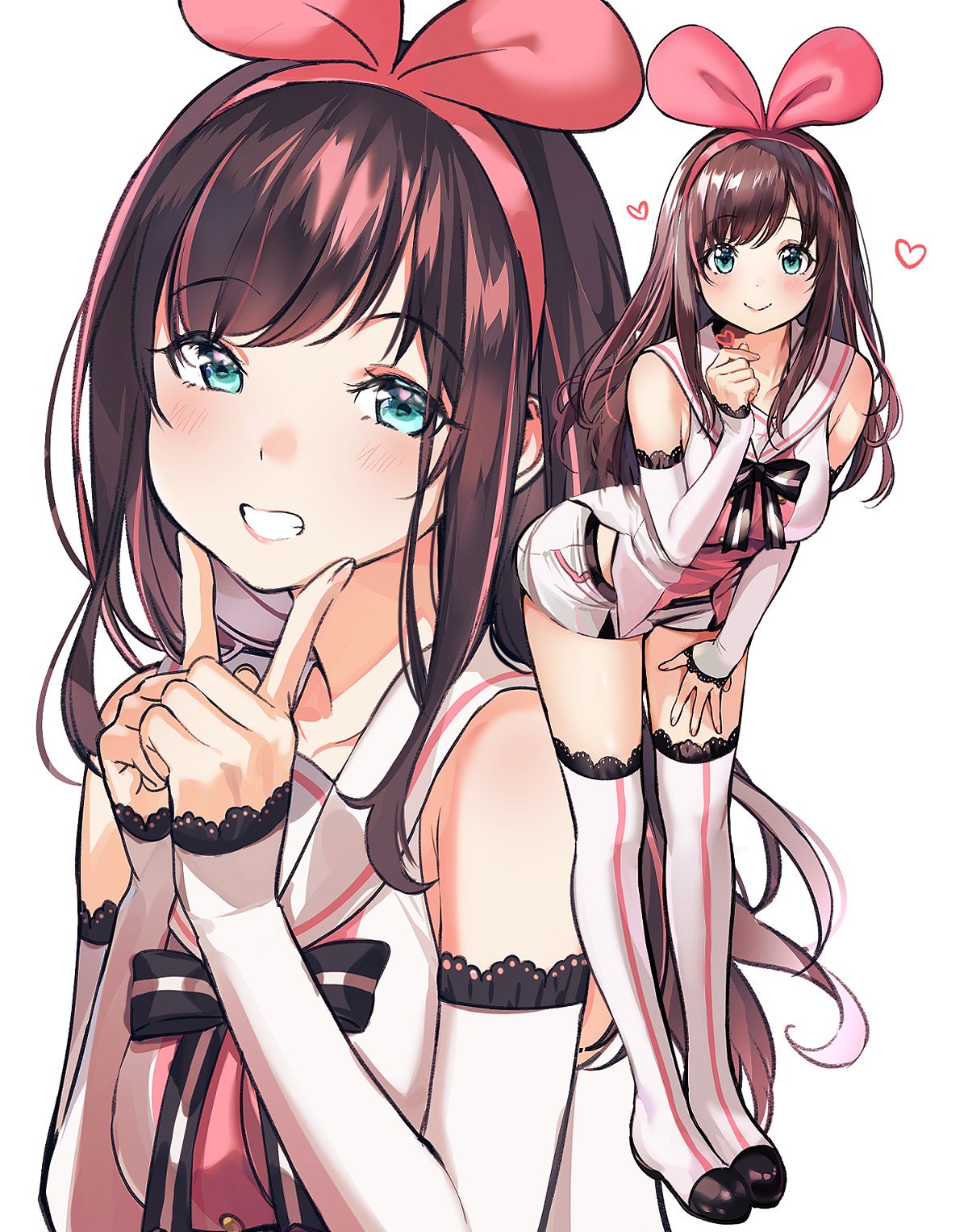 1girl a.i._channel boots brown_hair detached_sleeves eyebrows_visible_through_hair green_eyes hairband heart highres kizuna_ai long_hair long_sleeves looking_at_viewer mery_(apfl0515) multicolored_hair multiple_views neck_ribbon parted_lips pink_hair pink_hairband ribbon sailor_collar shirt shorts smile streaked_hair teeth thigh-highs thigh_boots two-tone_hair white_background white_footwear white_legwear white_shirt white_shorts