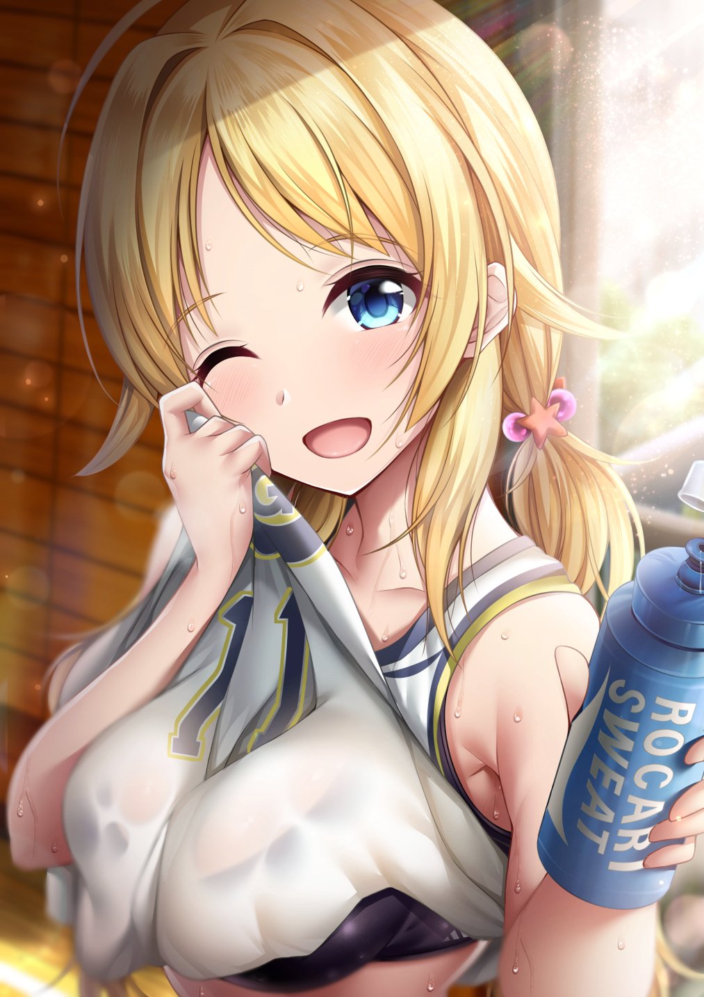1girl ahoge bangs bare_shoulders black_bra blonde_hair blue_eyes blush bottle bra breasts crop_top crop_top_lift day eyebrows_visible_through_hair garana giving hachimiya_meguru hair_ornament head_tilt highres holding holding_bottle idolmaster idolmaster_shiny_colors indoors large_breasts long_hair looking_at_viewer low_ponytail open_mouth sidelocks smile solo sports_bra star star_hair_ornament sunlight sweat underwear upper_body wet wet_clothes window wiping_sweat