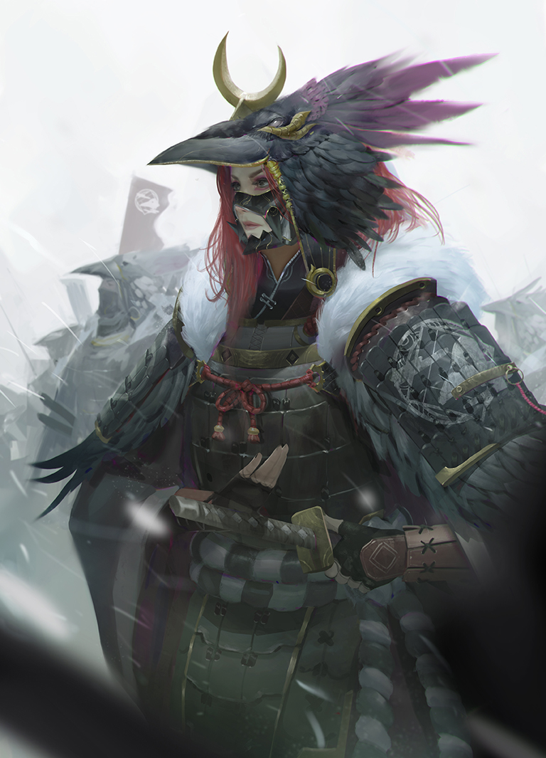 1girl 3others armor banner bird black_feathers black_gloves closed_mouth eyeshadow fahmi_fauzi fantasy feathers fingerless_gloves fog fur_trim gloves grey_eyes helmet japanese_armor kabuto katana long_sleeves makeup mask medium_hair multiple_others original pauldrons purple_feathers raven_(animal) redhead scabbard sheath snow snowing sword vambraces weapon white_eyes