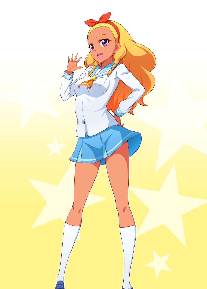 1girl amamiya_erena blonde_hair blue_sailor_collar blue_skirt braid dark_skin full_body gabayo gradient gradient_background hairband hand_on_hip kneehighs long_hair long_sleeves looking_at_viewer open_mouth precure red_hairband sailor_collar salute school_uniform skirt solo standing star star_twinkle_precure starry_background twin_braids violet_eyes yellow_background