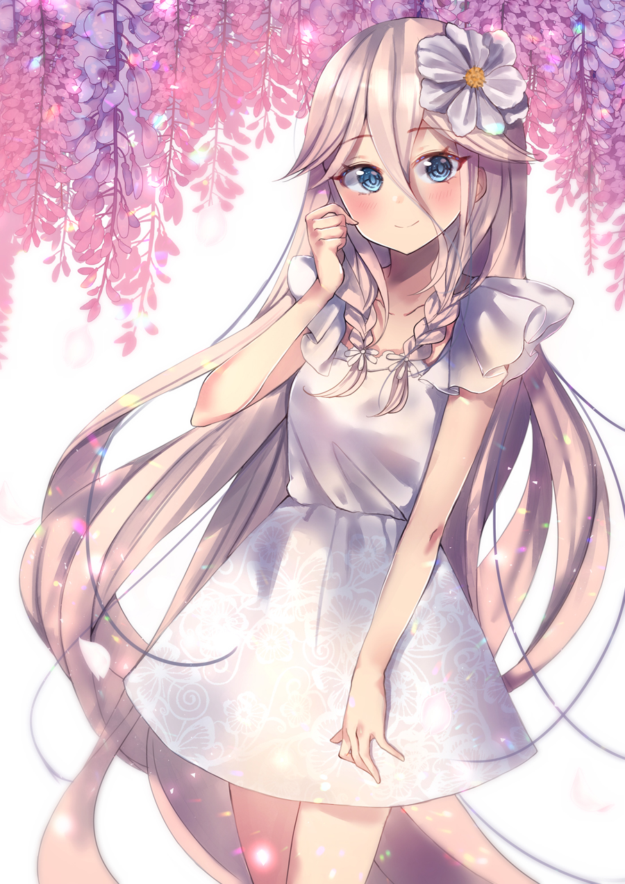 1girl bangs blue_eyes blush braid branch breasts collarbone dress finger_to_cheek floral_dress floral_print flower hair_between_eyes hair_flower hair_ornament hand_up highres ia_(vocaloid) leaf long_hair looking_at_viewer narami petals pink_hair small_breasts solo symbol_commentary twin_braids upper_body very_long_hair vocaloid white_dress