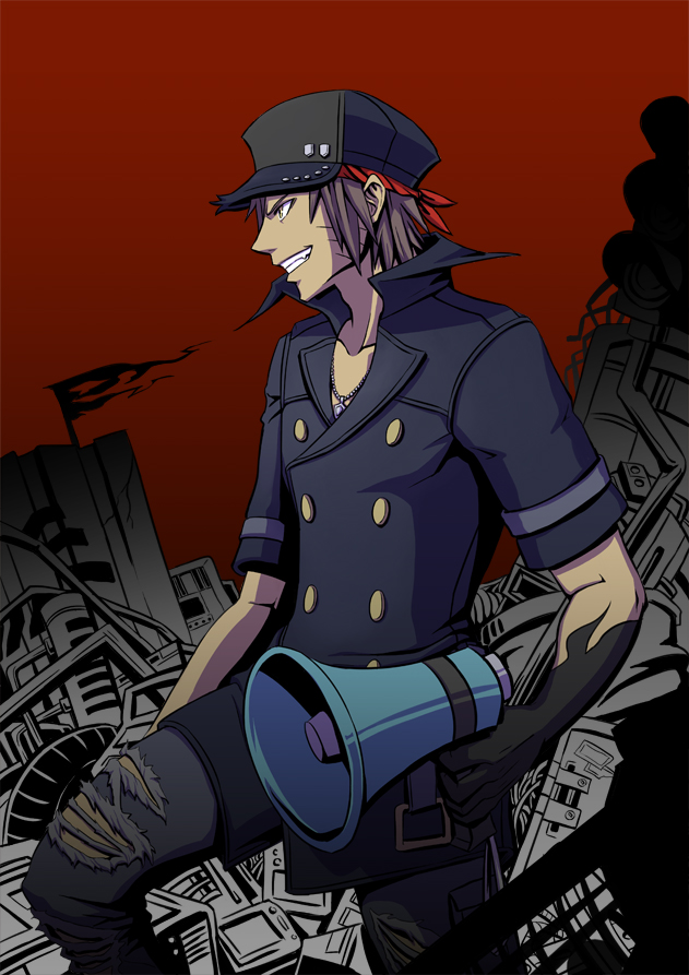 1boy arieml black_hat black_pants brown_eyes grin hat jewelry junkyard male_focus megaphone minamimoto_shou necklace outdoors pants profile red_sky short_sleeves sky smile solo standing subarashiki_kono_sekai tattered_flag tattoo torn_clothes torn_pants whisker_markings